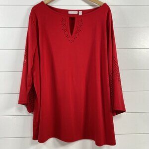 Susan Graver Womens Liquid Knit Eyelet Shirt sz 3X Red Travel Comfy Versatile